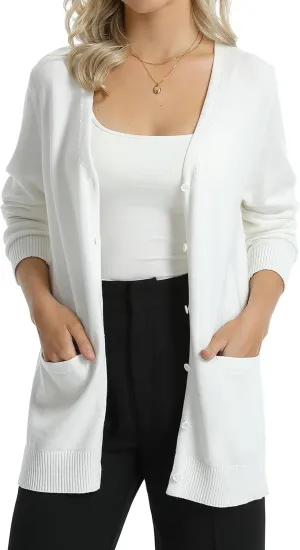 QUALFORT Women's 100% Cotton Midweight V-Neck Cardigan Sweater with Pockets