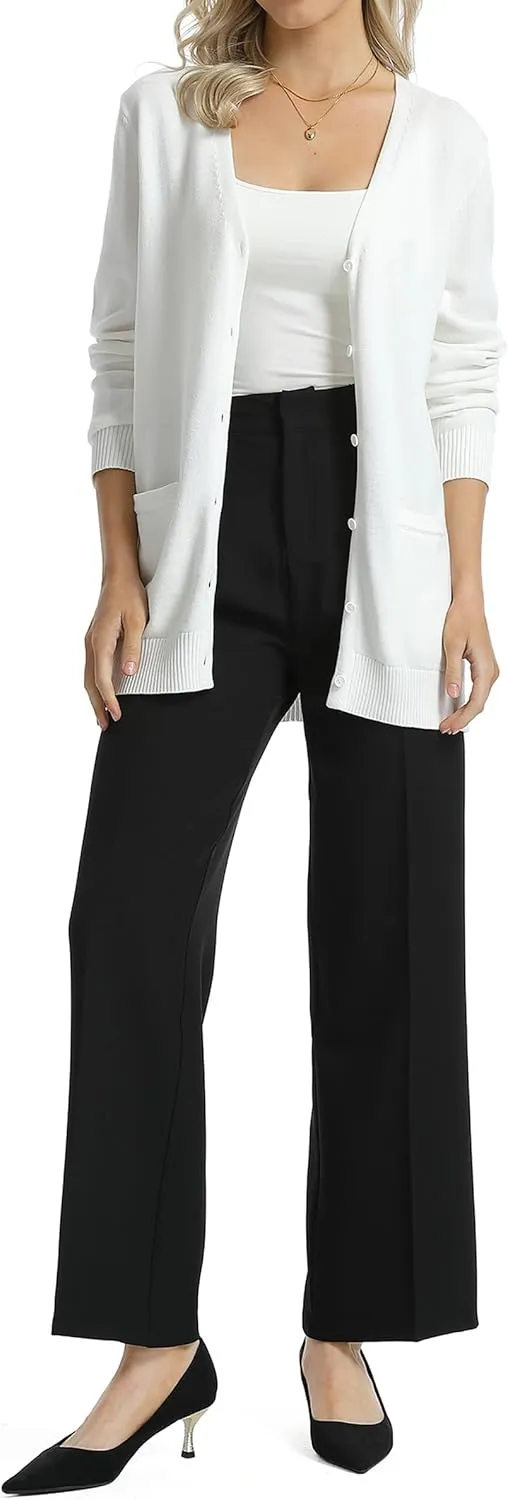QUALFORT Women's 100% Cotton Midweight V-Neck Cardigan Sweater with Pockets