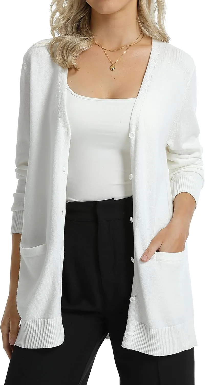 QUALFORT Women's 100% Cotton Midweight V-Neck Cardigan Sweater with Pockets