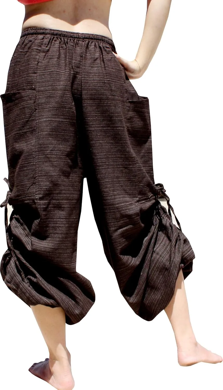 RaanPahMuang Striped Cotton Baggy Harem Aladdin Pants Elastic Waist Painted Art