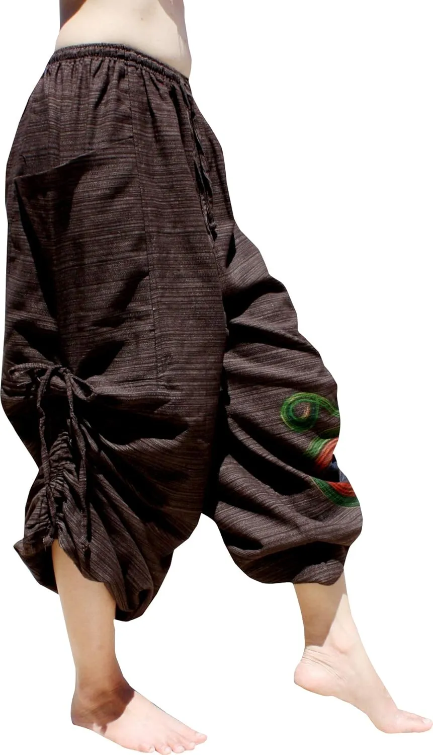 RaanPahMuang Striped Cotton Baggy Harem Aladdin Pants Elastic Waist Painted Art
