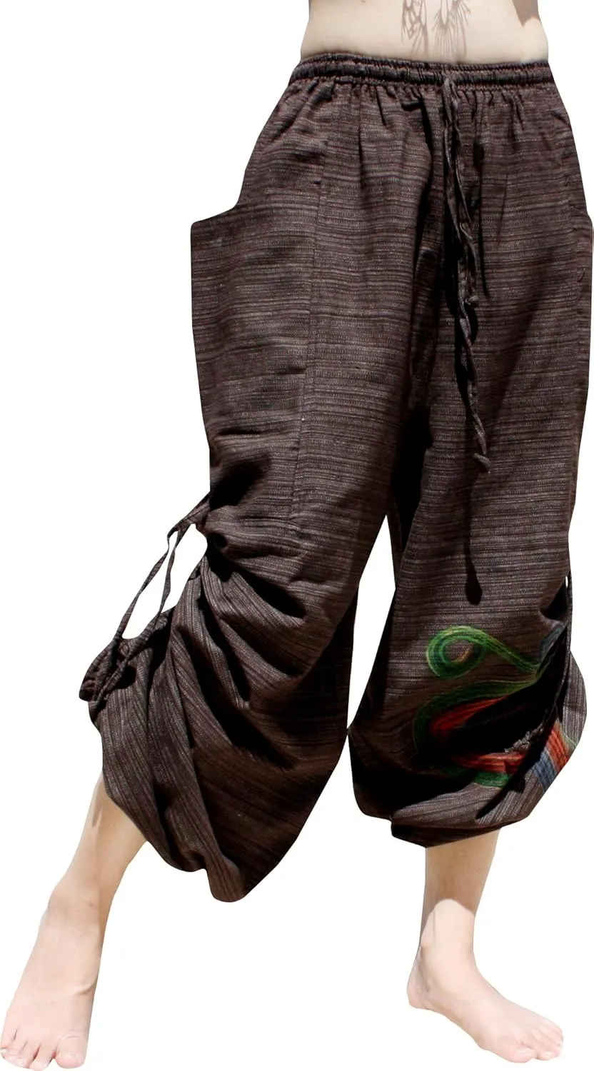 RaanPahMuang Striped Cotton Baggy Harem Aladdin Pants Elastic Waist Painted Art