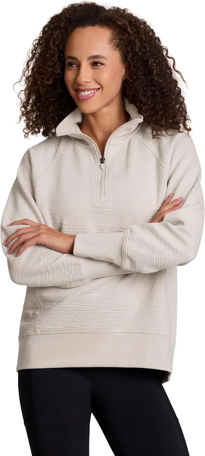 RBX Activewear Women's Quarter Zip Sweatshirt, Textured Cotton Blend 1/4 Zip Running Top Zip Mock Neck Pullover Sweater