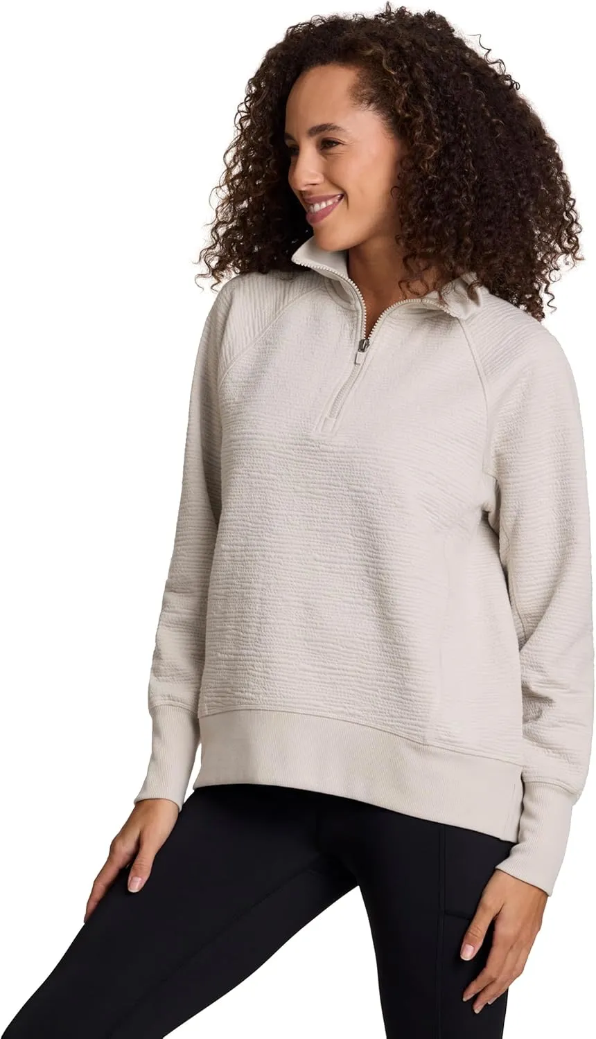 RBX Activewear Women's Quarter Zip Sweatshirt, Textured Cotton Blend 1/4 Zip Running Top Zip Mock Neck Pullover Sweater