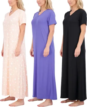 Real Essentials 3 Pack: Women's Soft Maxi Long Nightshirt Short Sleeve Soft Nightgown Sleep Dress (Available in Plus Size)