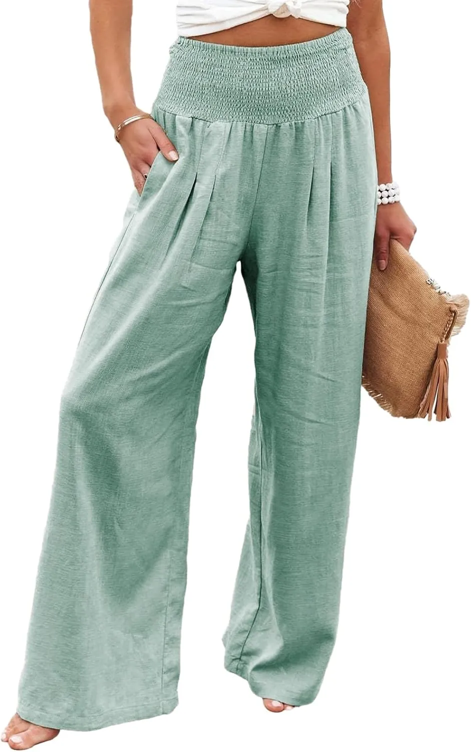 Reyox Women's Casual Elastic Waist Wide Leg Pants Cotton Linen Comfy Lounge Pants