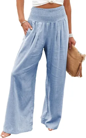 Reyox Women's Casual Elastic Waist Wide Leg Pants Cotton Linen Comfy Lounge Pants