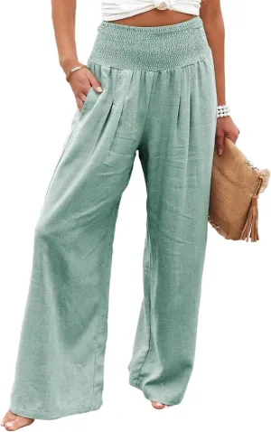 Reyox Women's Casual Elastic Waist Wide Leg Pants Cotton Linen Comfy Lounge Pants
