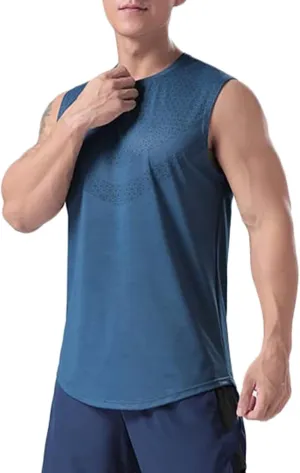 Rivccku Men's Running Tank Tops Breathable Workout Gym Fitness Vest Training Bodybuilding Sleeveless T-Shirts Quick Dry