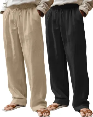 Riyiper 2 Pack Men's Linen Pants, Casual Pants with Pockets Lightweight Pants Elastic Waist Yoga Lounge Trousers