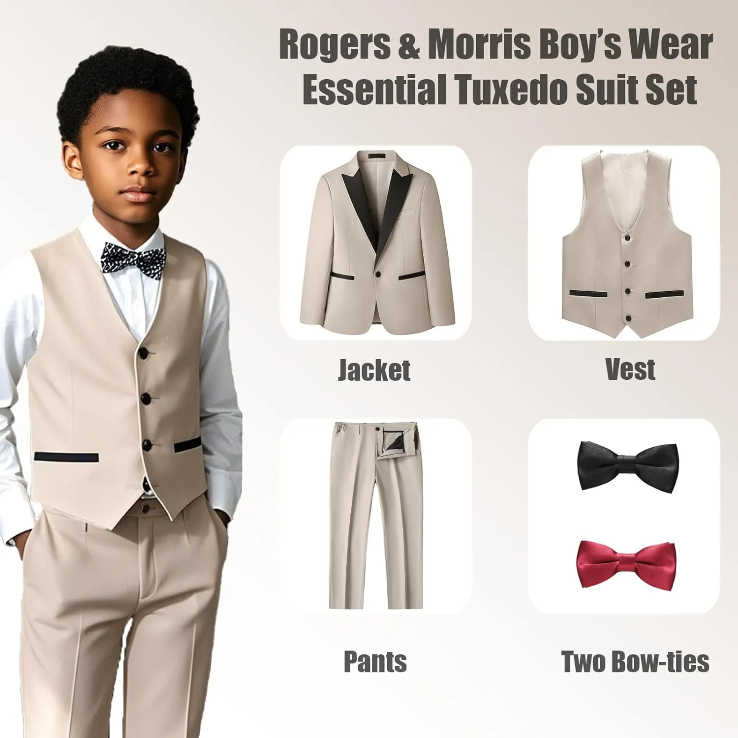Rogers & Morris Boys Tuxedo Suit Formal Outfits Slim Fit Solid Kids 5 Piece Suit Set Peak Lapel