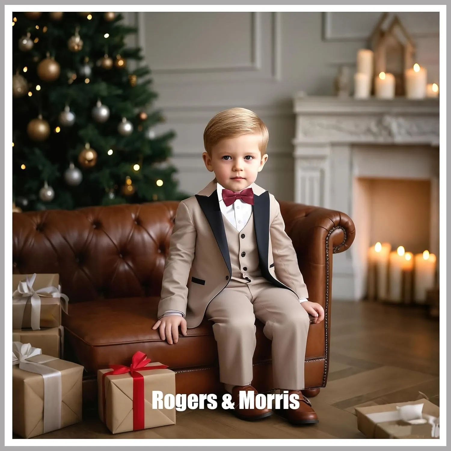 Rogers & Morris Boys Tuxedo Suit Formal Outfits Slim Fit Solid Kids 5 Piece Suit Set Peak Lapel