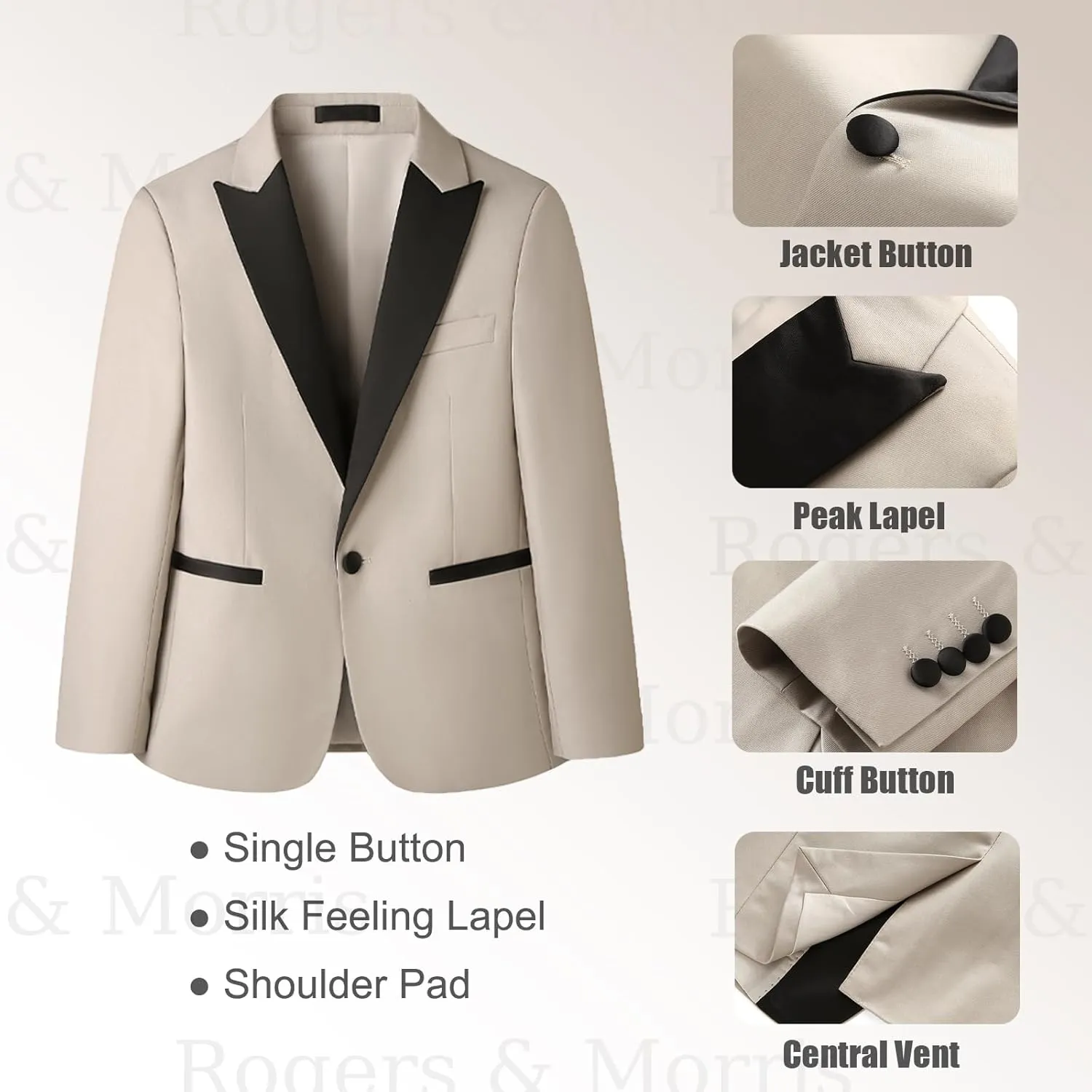 Rogers & Morris Boys Tuxedo Suit Formal Outfits Slim Fit Solid Kids 5 Piece Suit Set Peak Lapel