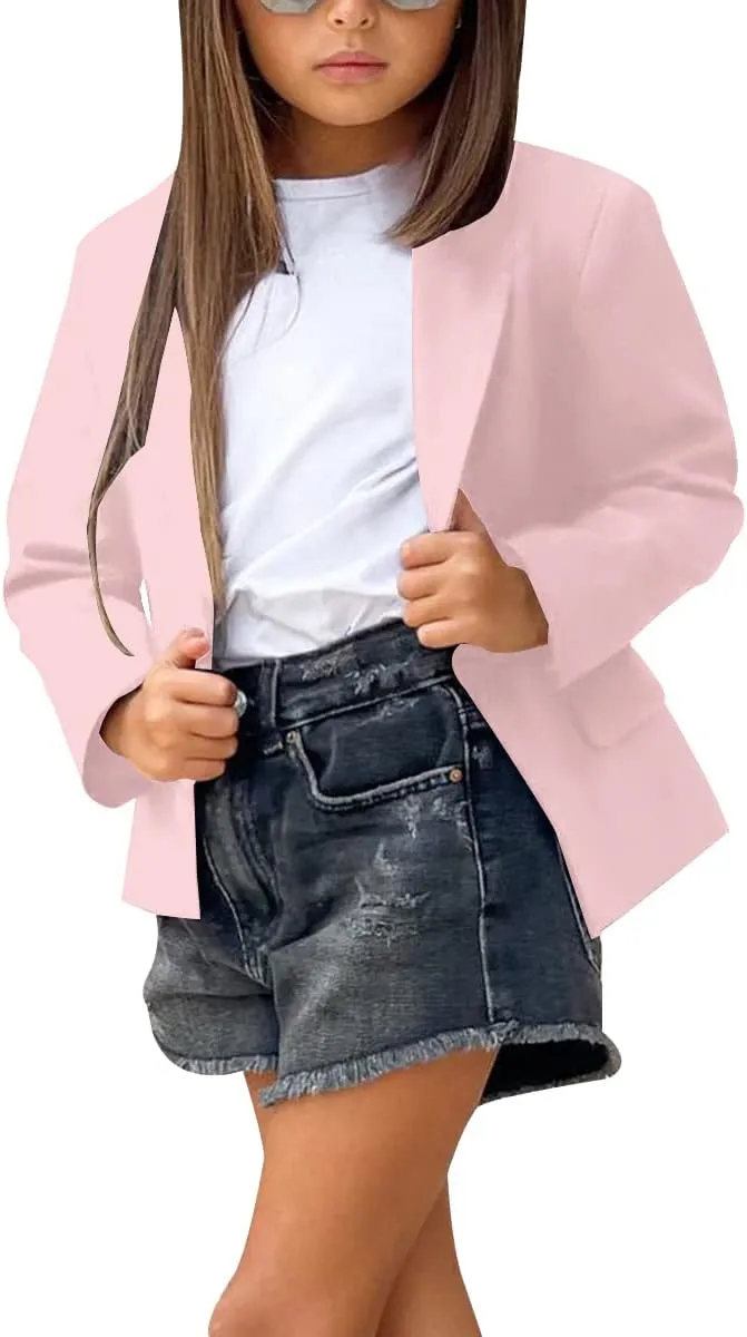rrhss Girls Solid Color Lapel Suit Coat Button Down Long Seelve Blazer Jacket