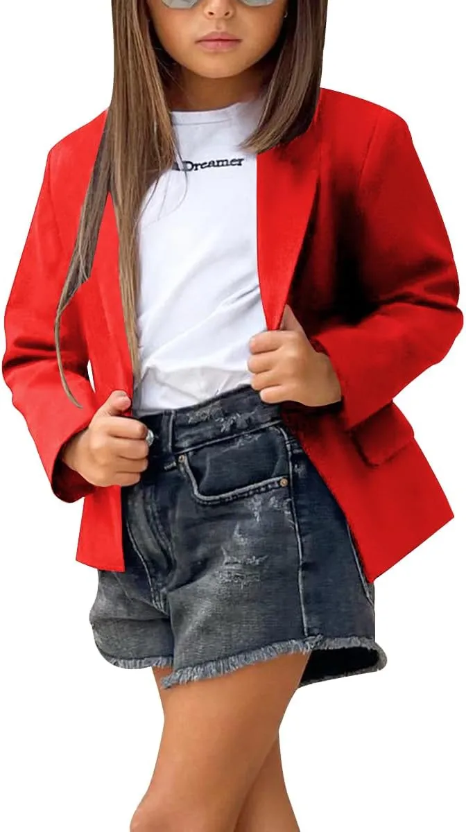 rrhss Girls Solid Color Lapel Suit Coat Button Down Long Seelve Blazer Jacket