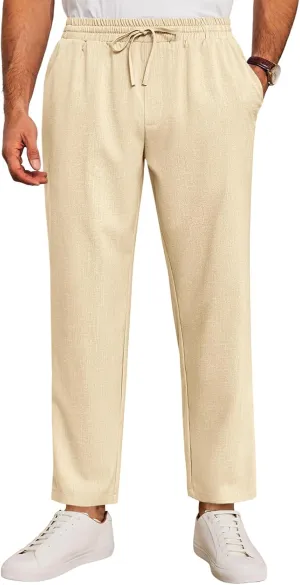 Runcati Mens Casual Pants Drawstring Elastic Waist Lightweight Cropped Linen Pants Summer Yoga Beach Trousers