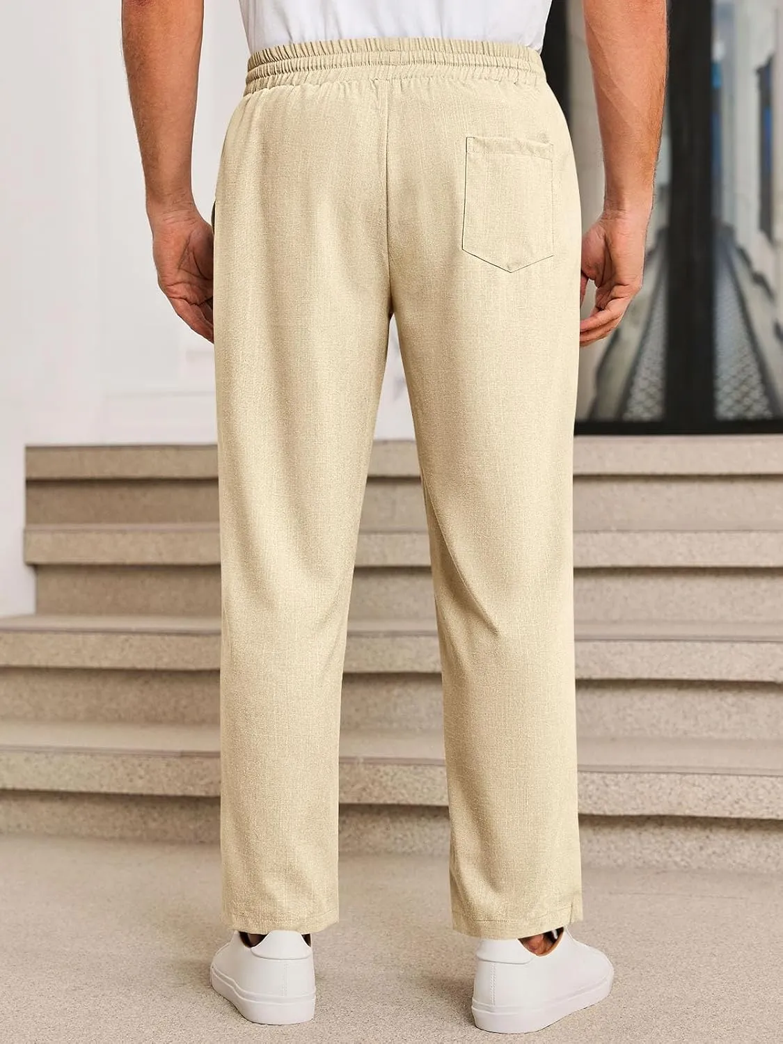 Runcati Mens Casual Pants Drawstring Elastic Waist Lightweight Cropped Linen Pants Summer Yoga Beach Trousers