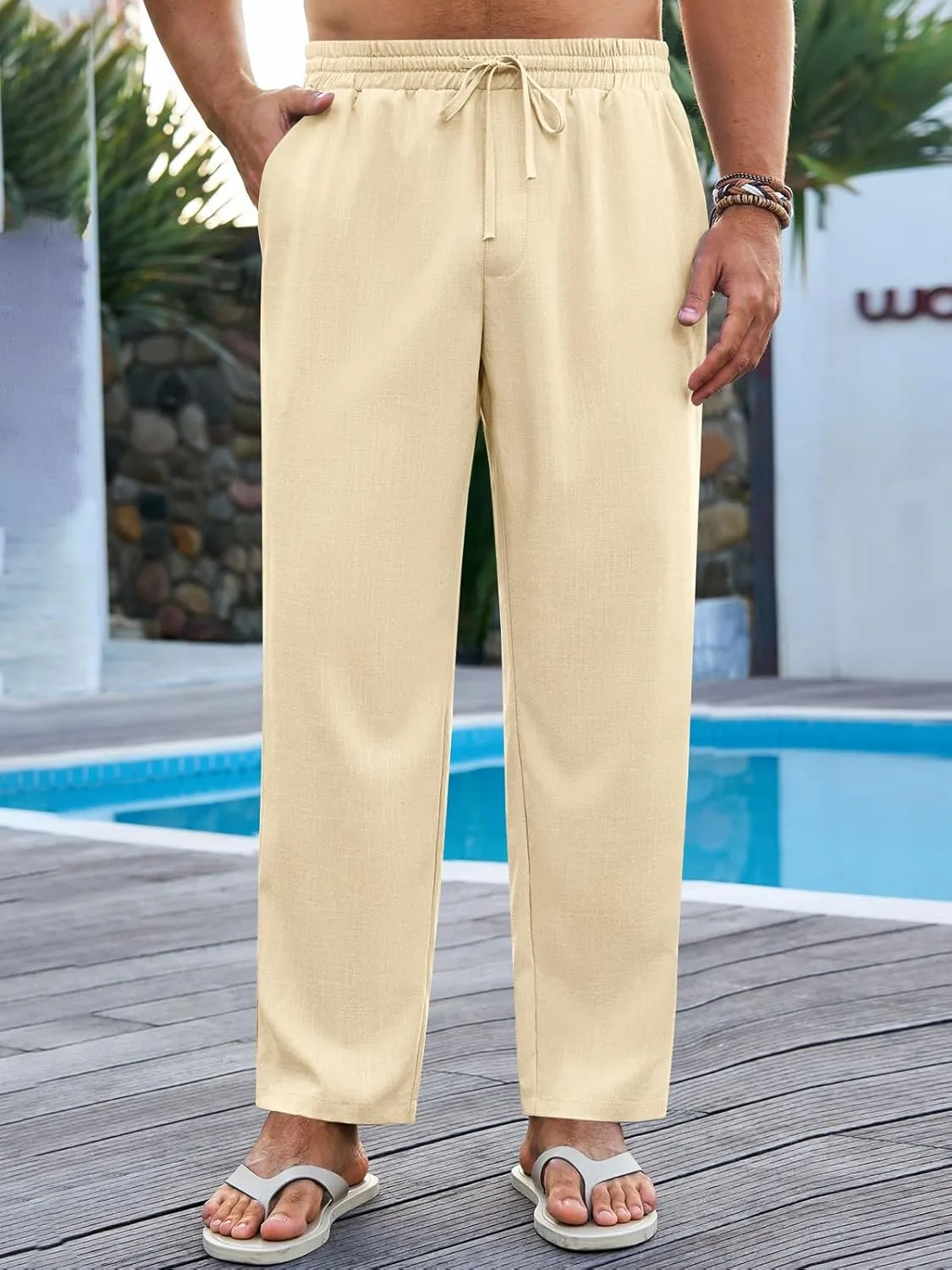 Runcati Mens Casual Pants Drawstring Elastic Waist Lightweight Cropped Linen Pants Summer Yoga Beach Trousers