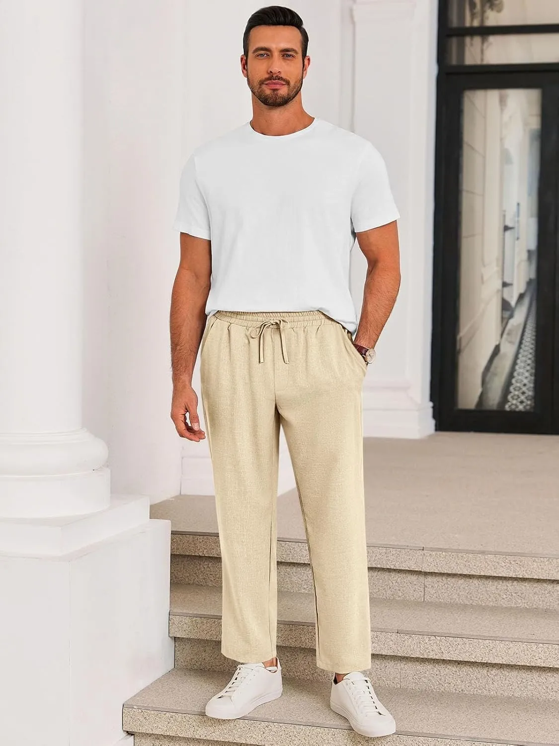 Runcati Mens Casual Pants Drawstring Elastic Waist Lightweight Cropped Linen Pants Summer Yoga Beach Trousers