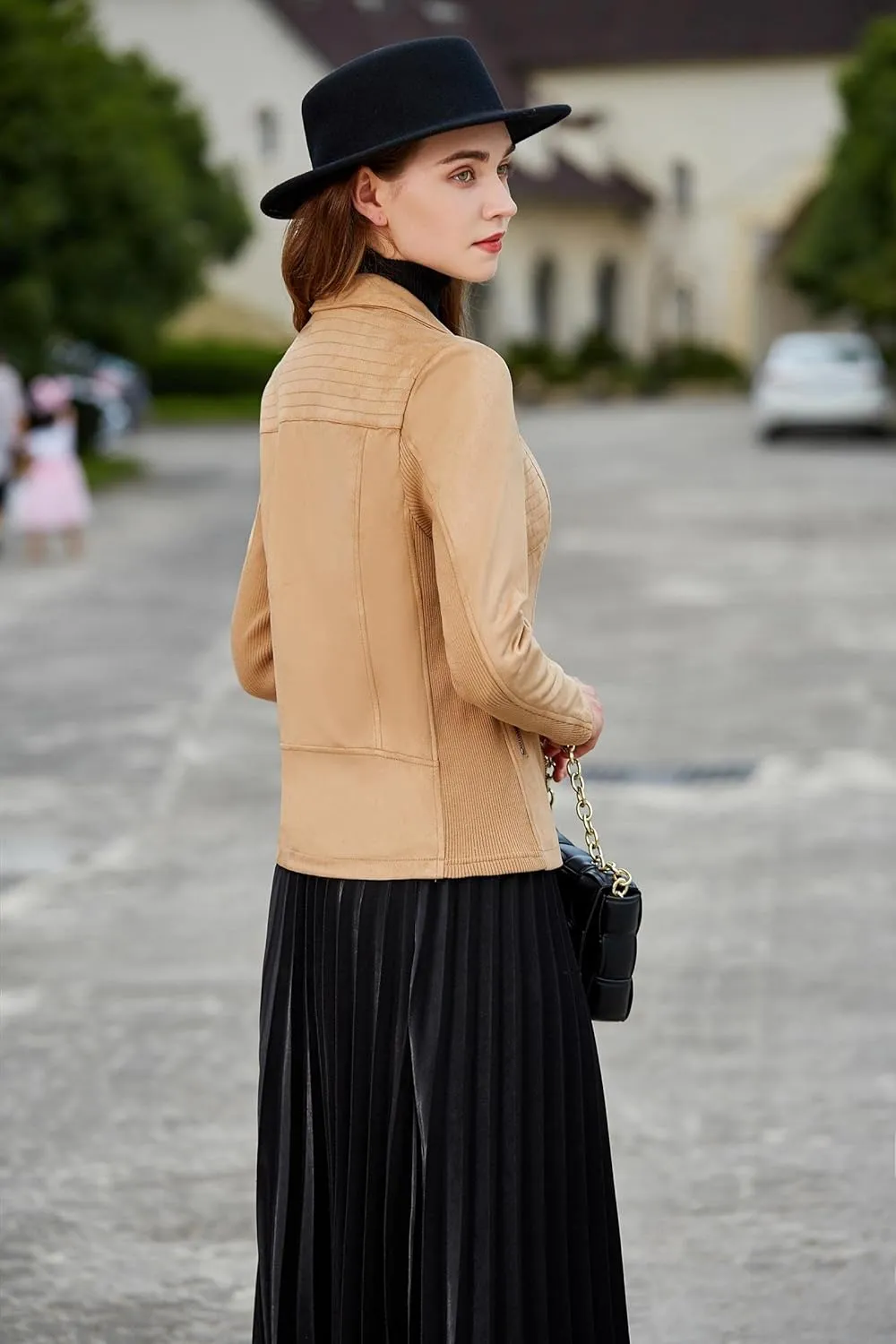 S P Y M Womens Faux Leather Jacket, Casual Fashion Quilted Zip Up Suede Coat With Elastic Rib