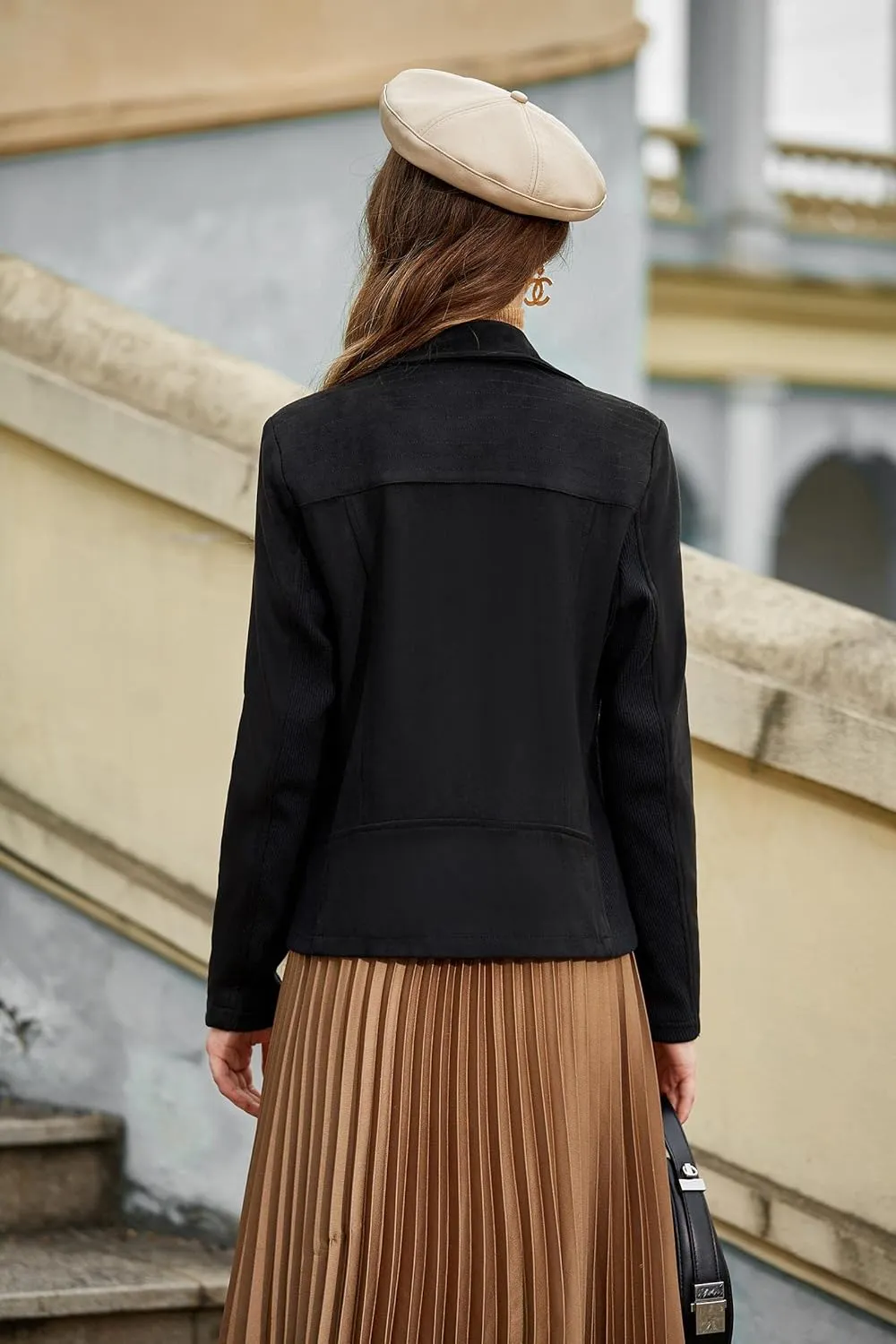 S P Y M Womens Faux Leather Jacket, Casual Fashion Quilted Zip Up Suede Coat With Elastic Rib
