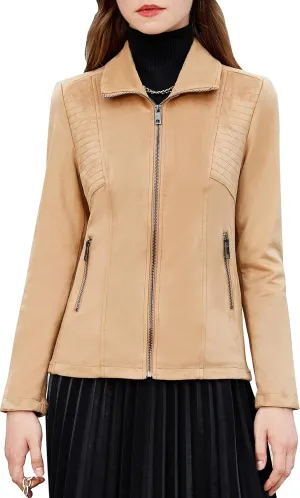 S P Y M Womens Faux Leather Jacket, Casual Fashion Quilted Zip Up Suede Coat With Elastic Rib