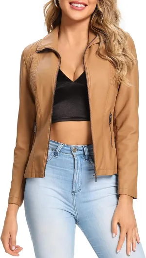 S P Y M Womens Faux Leather Jacket, Casual Fashion Quilted Zip Up Suede Coat With Elastic Rib