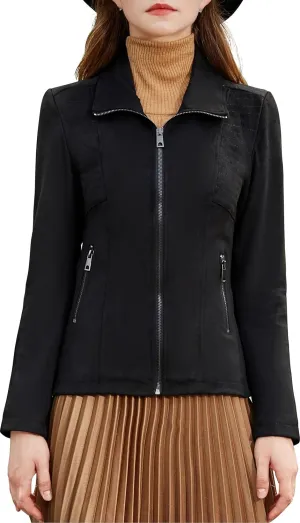 S P Y M Womens Faux Leather Jacket, Casual Fashion Quilted Zip Up Suede Coat With Elastic Rib