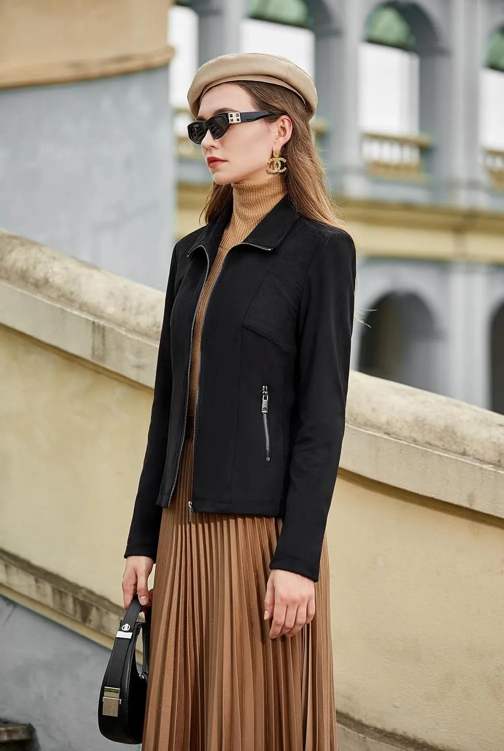 S P Y M Womens Faux Leather Jacket, Casual Fashion Quilted Zip Up Suede Coat With Elastic Rib