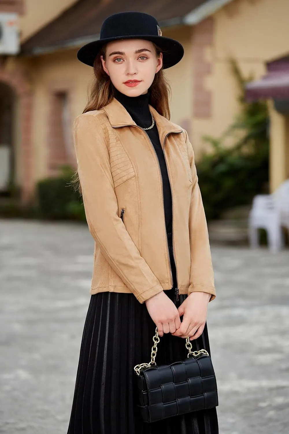 S P Y M Womens Faux Leather Jacket, Casual Fashion Quilted Zip Up Suede Coat With Elastic Rib