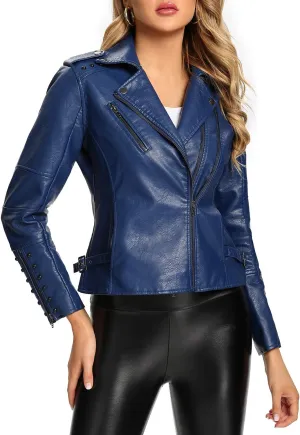 S P Y M Womens Faux Leather Jacket, Double Zip Up Coat, Moto Biker Outwear with Rivets, Regular and Plus Size