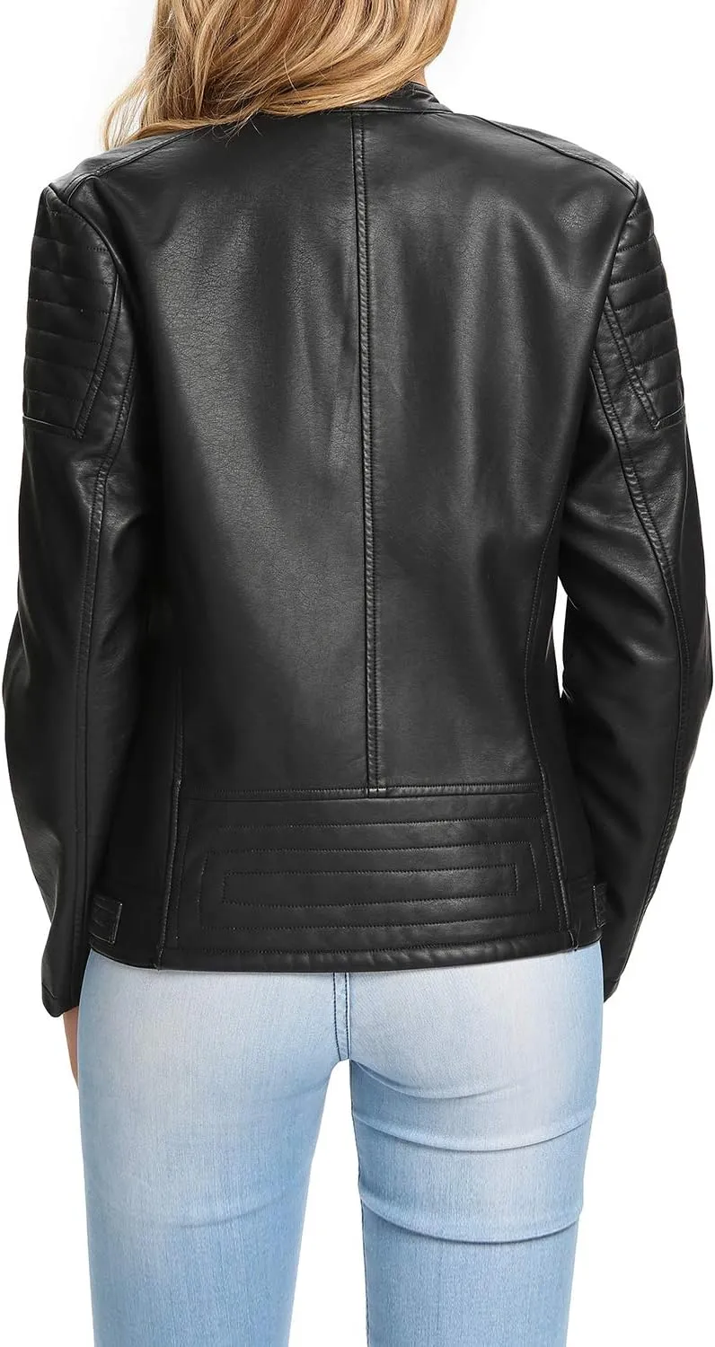 S P Y M Womens Faux Leather Jacket, Moto Biker Coat, Quilted Zip Up Outwear