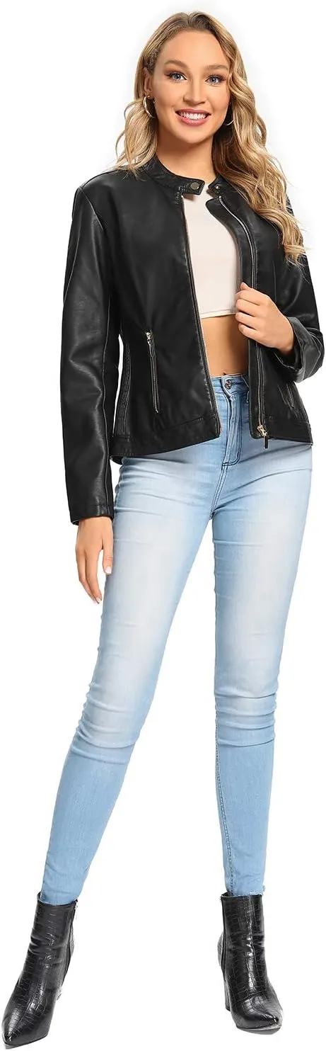 S P Y M Womens Faux Leather Jacket, Moto Biker Coat, Quilted Zip Up Outwear