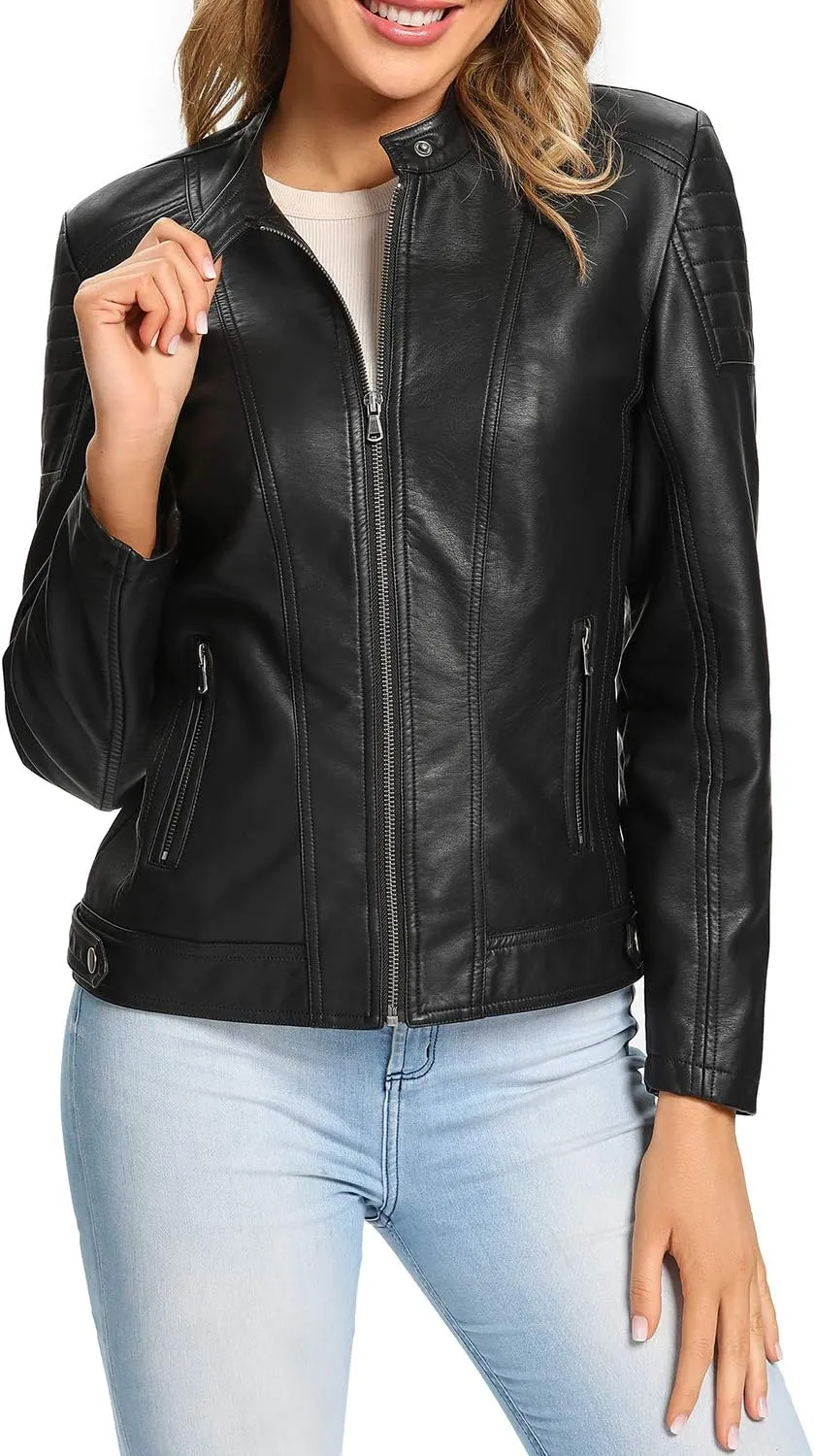 S P Y M Womens Faux Leather Jacket, Moto Biker Coat, Quilted Zip Up Outwear
