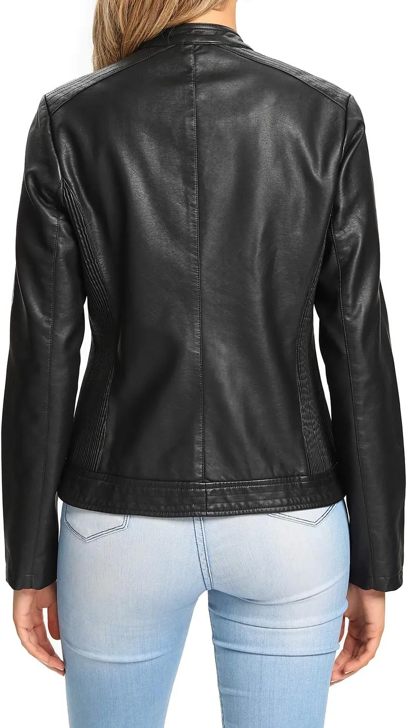 S P Y M Womens Faux Leather Jacket, Moto Biker Coat, Quilted Zip Up Outwear