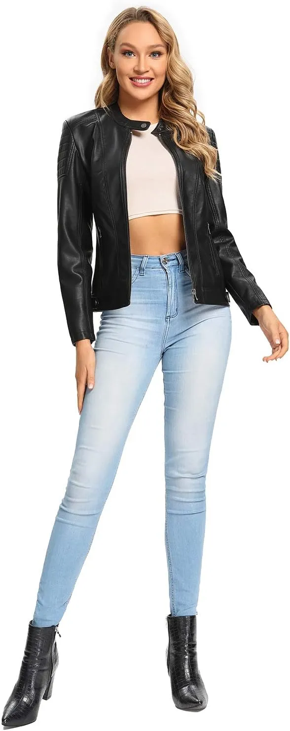 S P Y M Womens Faux Leather Jacket, Moto Biker Coat, Quilted Zip Up Outwear