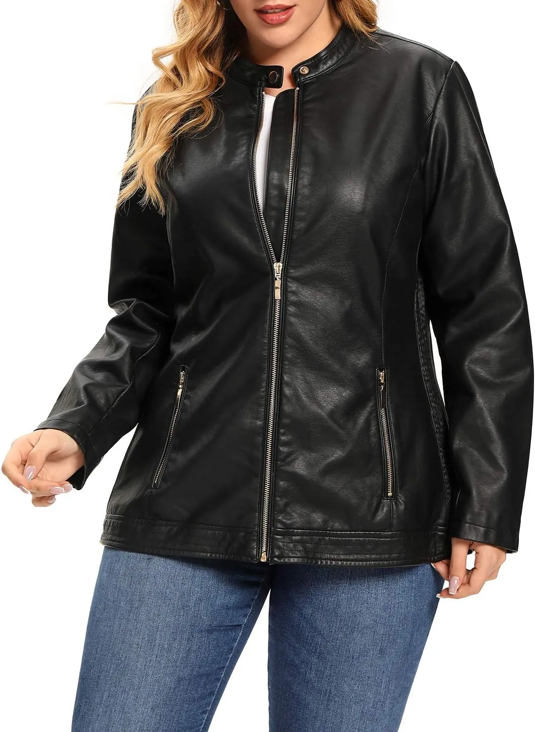 S P Y M Womens Faux Leather Jacket, Moto Biker Coat, Quilted Zip Up Outwear