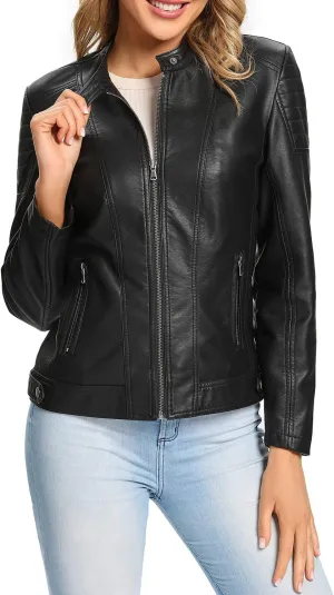 S P Y M Womens Faux Leather Jacket, Moto Biker Coat, Quilted Zip Up Outwear
