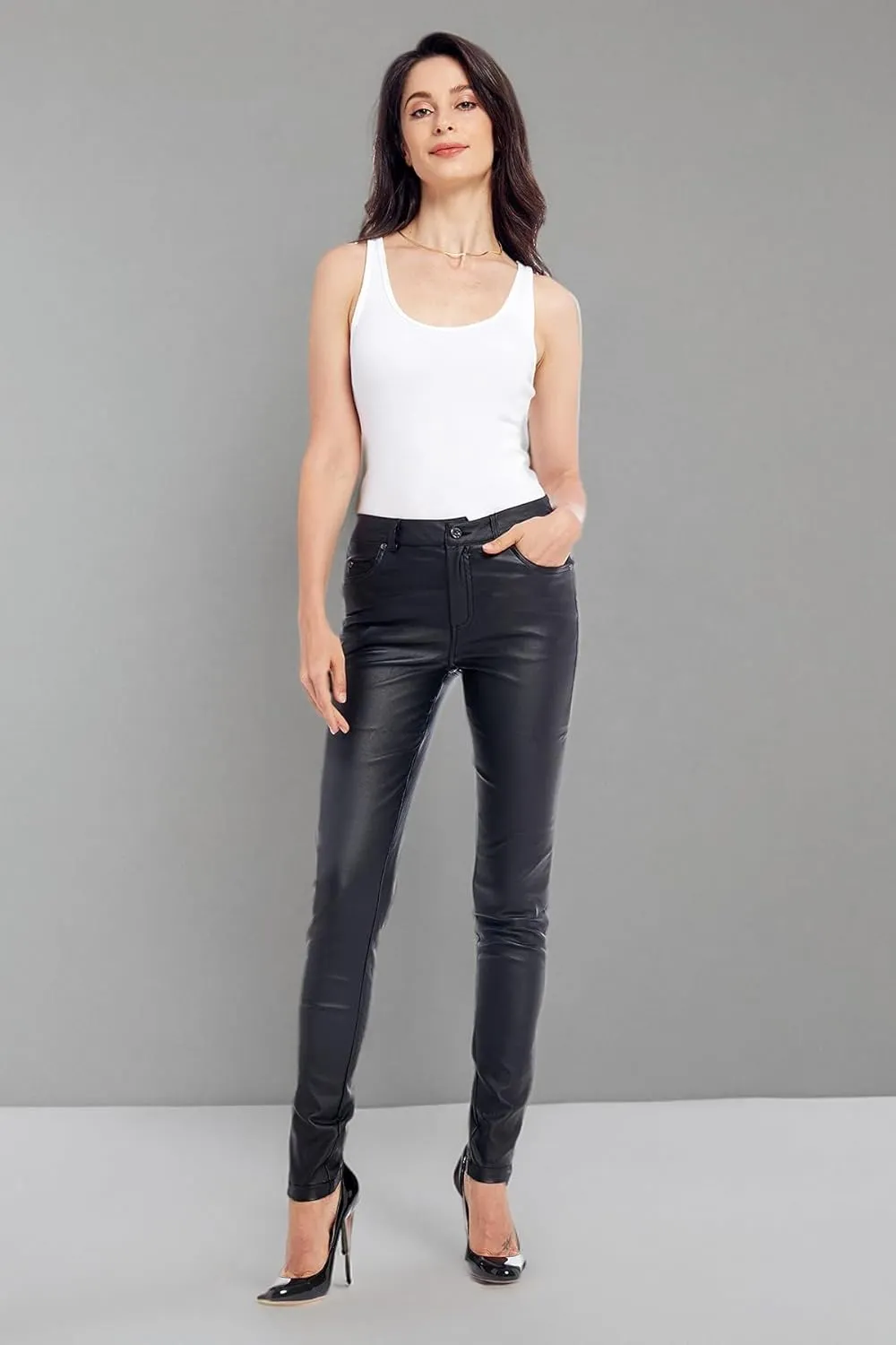 S P Y M Womens Stretchy Jeggings, Faux Leather Legging Pants with Pockets, Regular and Plus Size