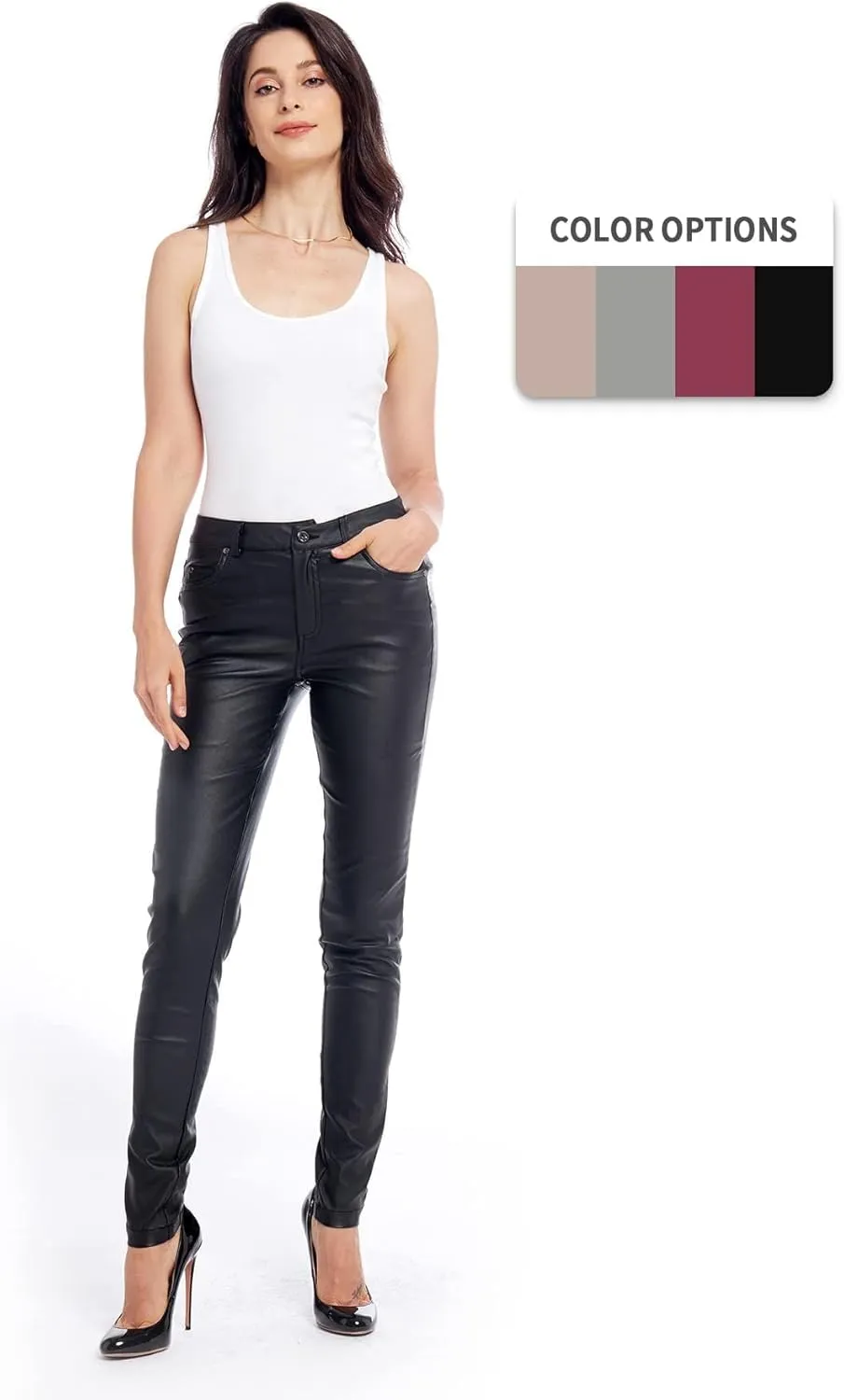 S P Y M Womens Stretchy Jeggings, Faux Leather Legging Pants with Pockets, Regular and Plus Size