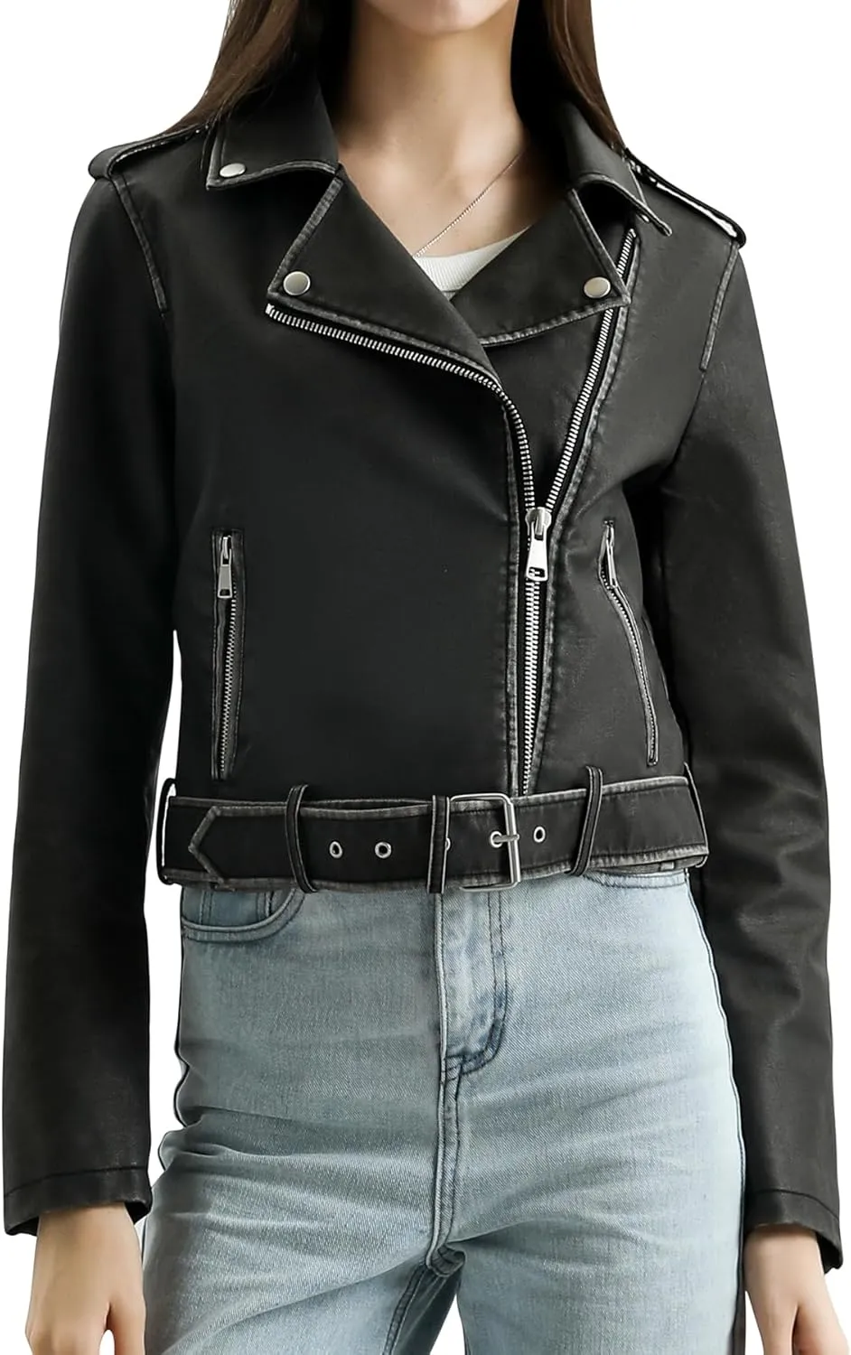 S P Y M Womens Worn Effect Faux Leather Jacket, Faded Moto Biker Coat with Belt