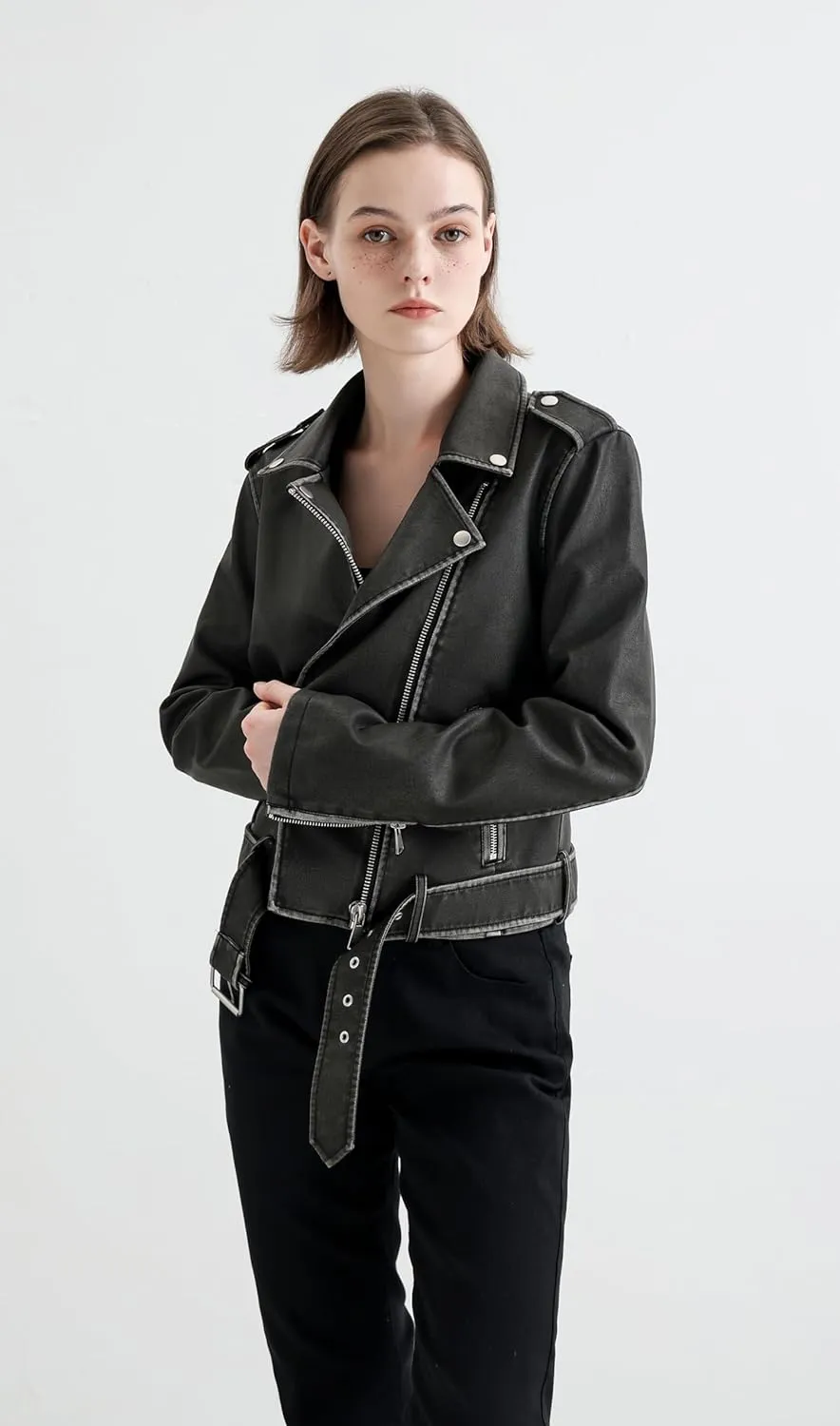 S P Y M Womens Worn Effect Faux Leather Jacket, Faded Moto Biker Coat with Belt