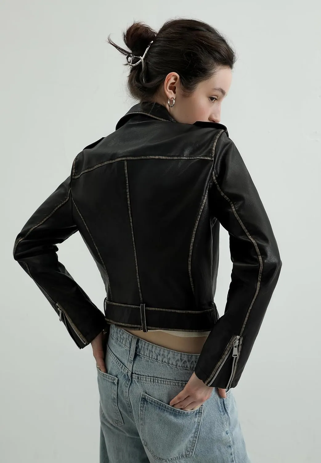 S P Y M Womens Worn Effect Faux Leather Jacket, Faded Moto Biker Coat with Belt