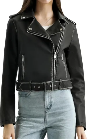 S P Y M Womens Worn Effect Faux Leather Jacket, Faded Moto Biker Coat with Belt