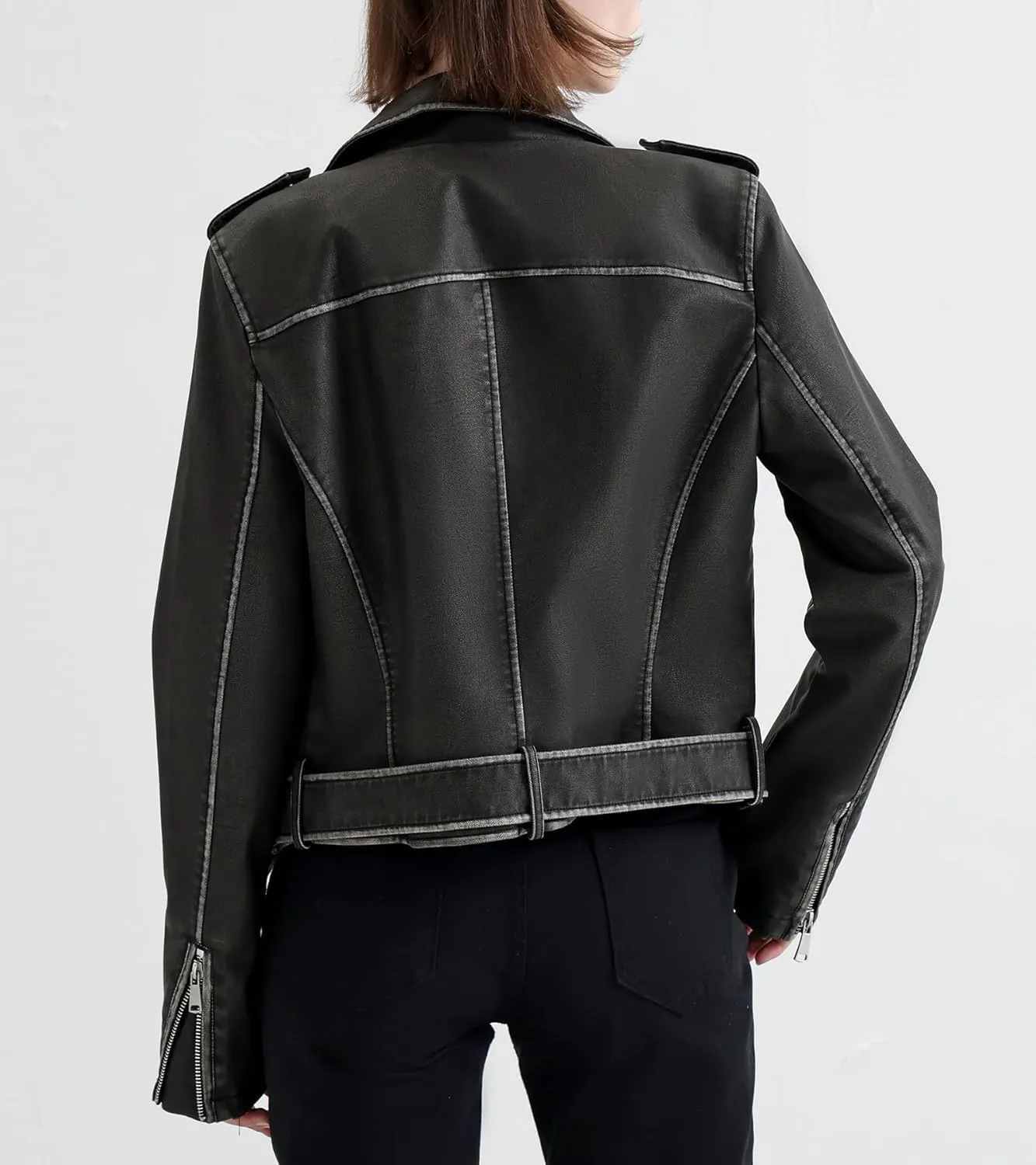 S P Y M Womens Worn Effect Faux Leather Jacket, Faded Moto Biker Coat with Belt
