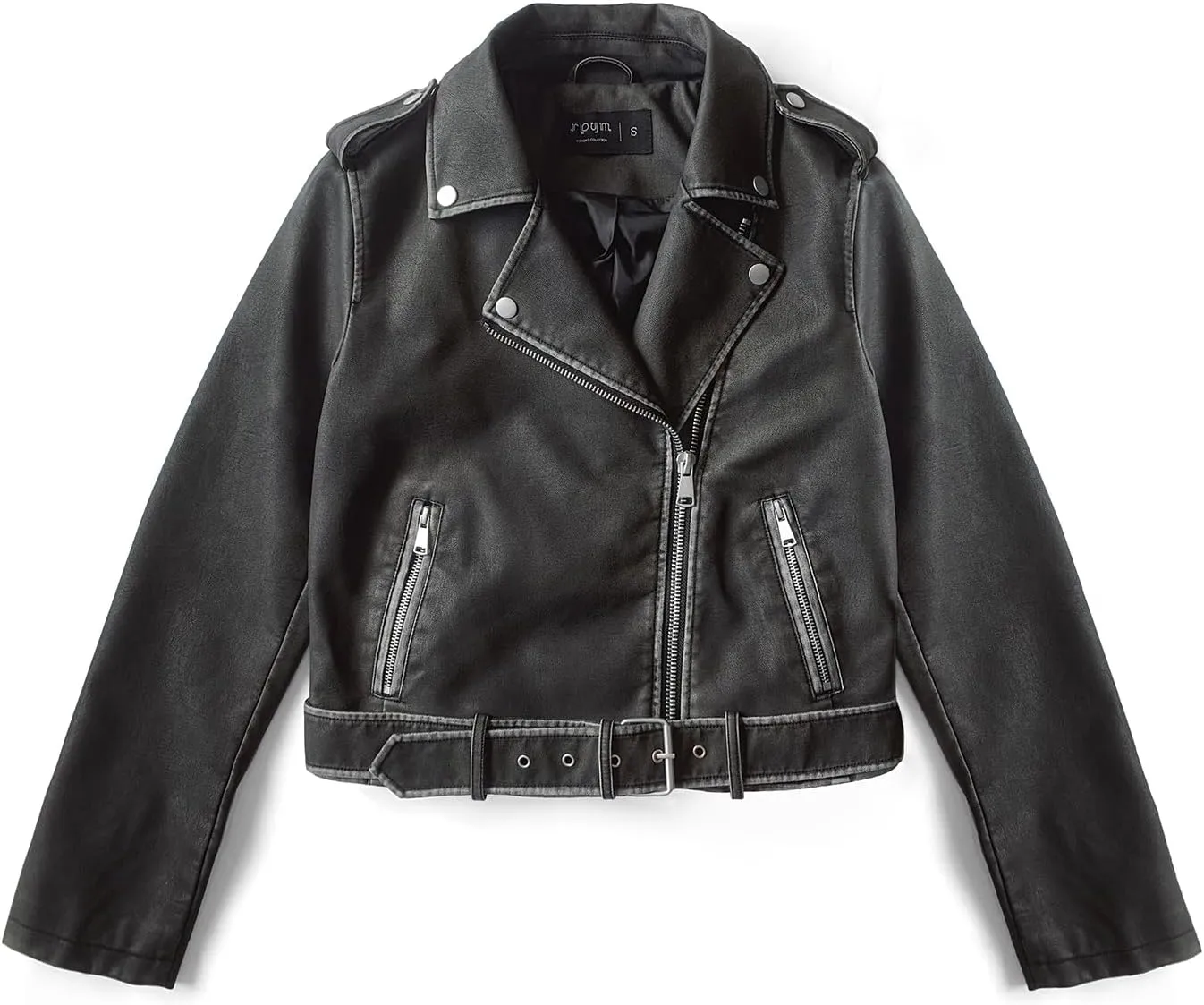 S P Y M Womens Worn Effect Faux Leather Jacket, Faded Moto Biker Coat with Belt