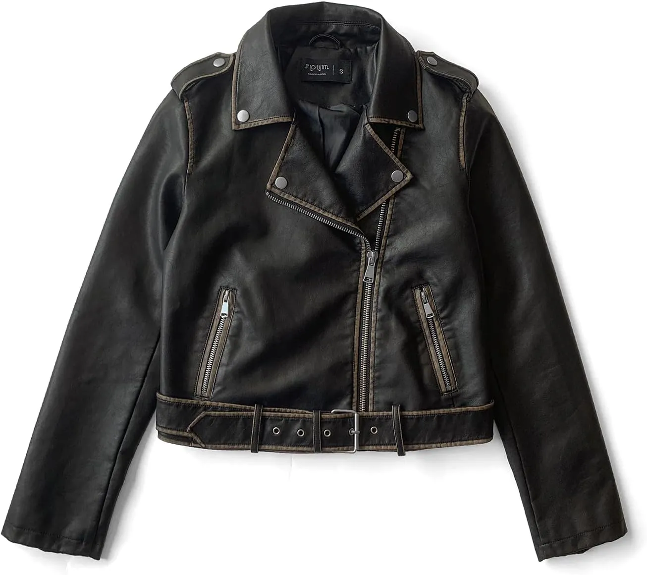 S P Y M Womens Worn Effect Faux Leather Jacket, Faded Moto Biker Coat with Belt