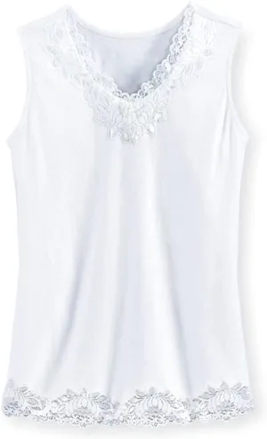 SAGEFINDS Lace Trim Tank | V Neck Top for Women | Dressy Summer Camisole | Sleeveless Cami | Soft 100% Cotton Shirt