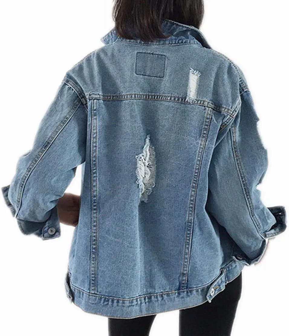 Saukiee Oversized Denim Jacket Distressed Boyfriend Jean Coat Jeans Trucker Jacket for Women Girls