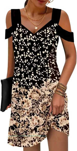 SAUKOLE Womens Sexy Cold Shoulder Dresses Summer Casual Dress Loose Fit Knee Length Dress